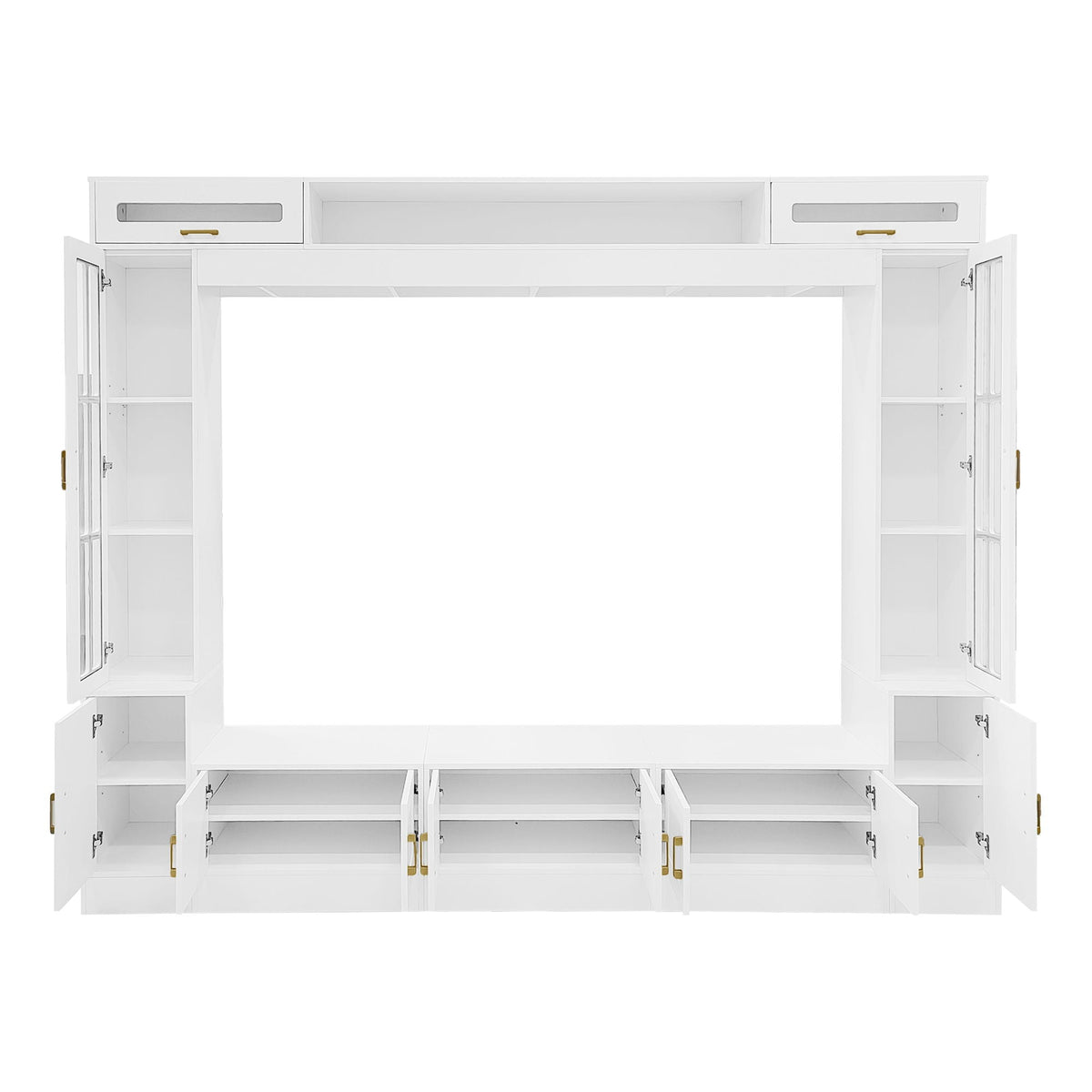 Wall Unit Entertainment Center white with glass doors and gold hardware, central shelf on Tampa Home & Garden Store