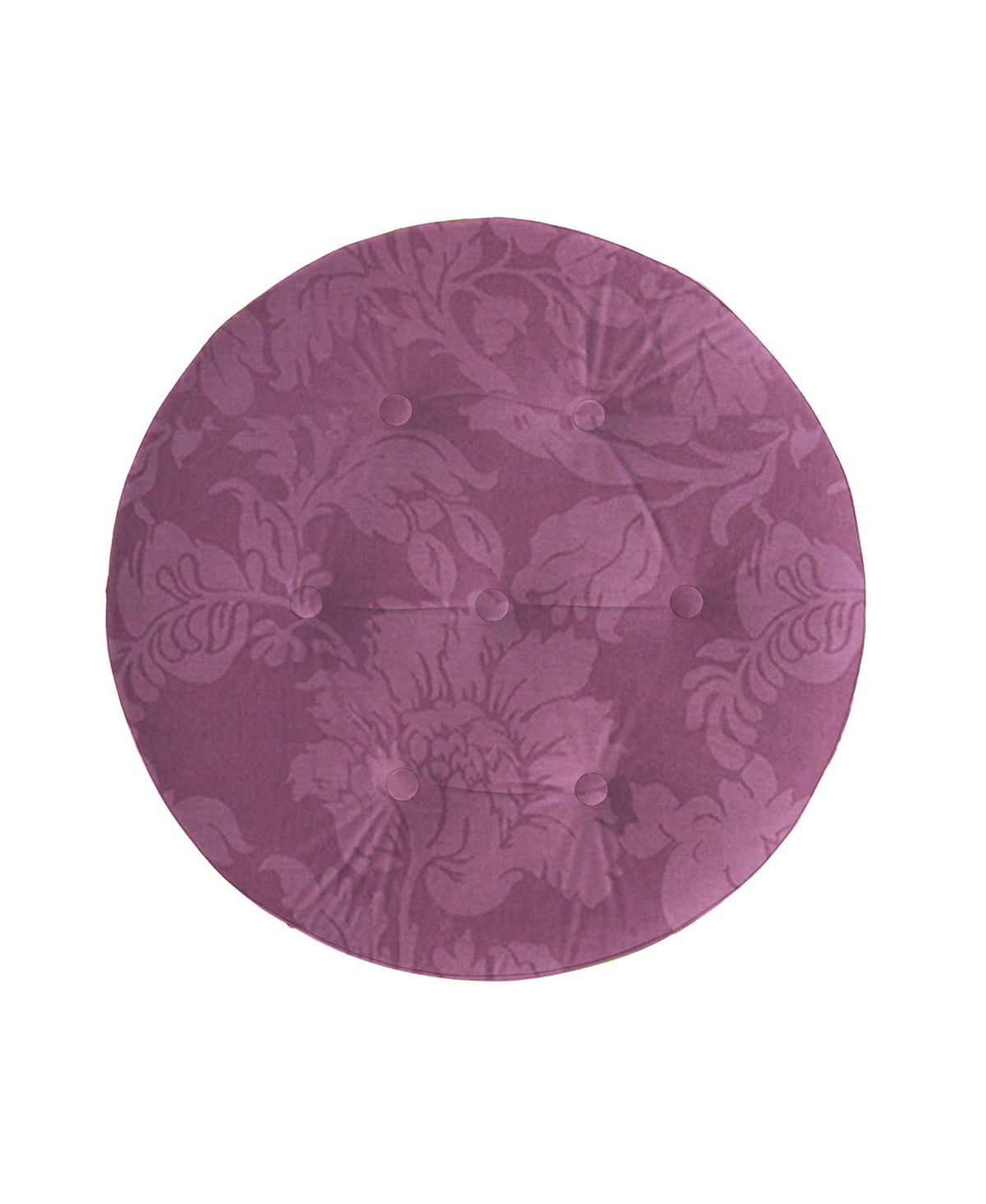 Round upholstered ottoman in purple damask fabric with tufted buttons on Tampa Home & Garden Store