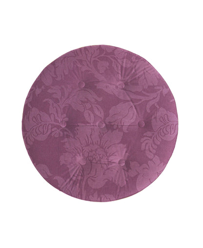 Round upholstered ottoman in purple damask fabric with tufted buttons on Tampa Home & Garden Store
