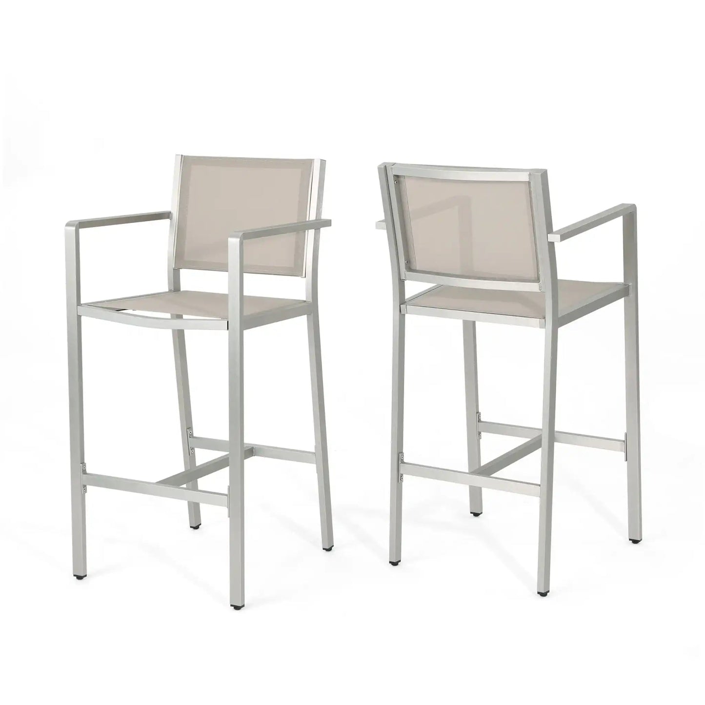 Outdoor rustproof aluminum bar stools (set of 2) by HouseOfZazla with beige mesh backs on Tampa Home & Garden Store