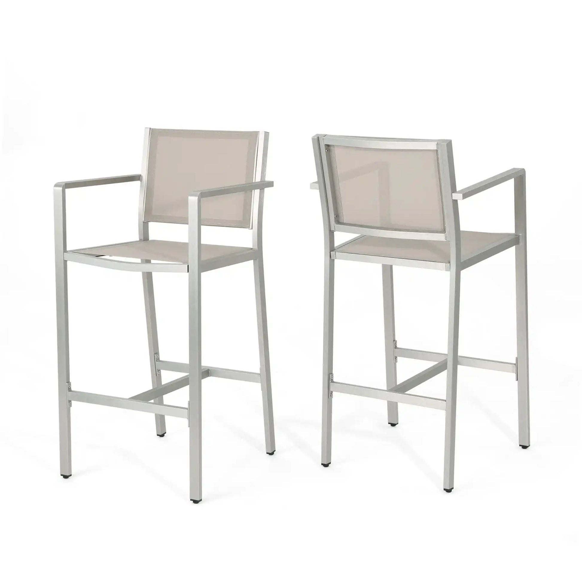 Outdoor rustproof aluminum bar stools (set of 2) by HouseOfZazla with beige mesh backs on Tampa Home & Garden Store