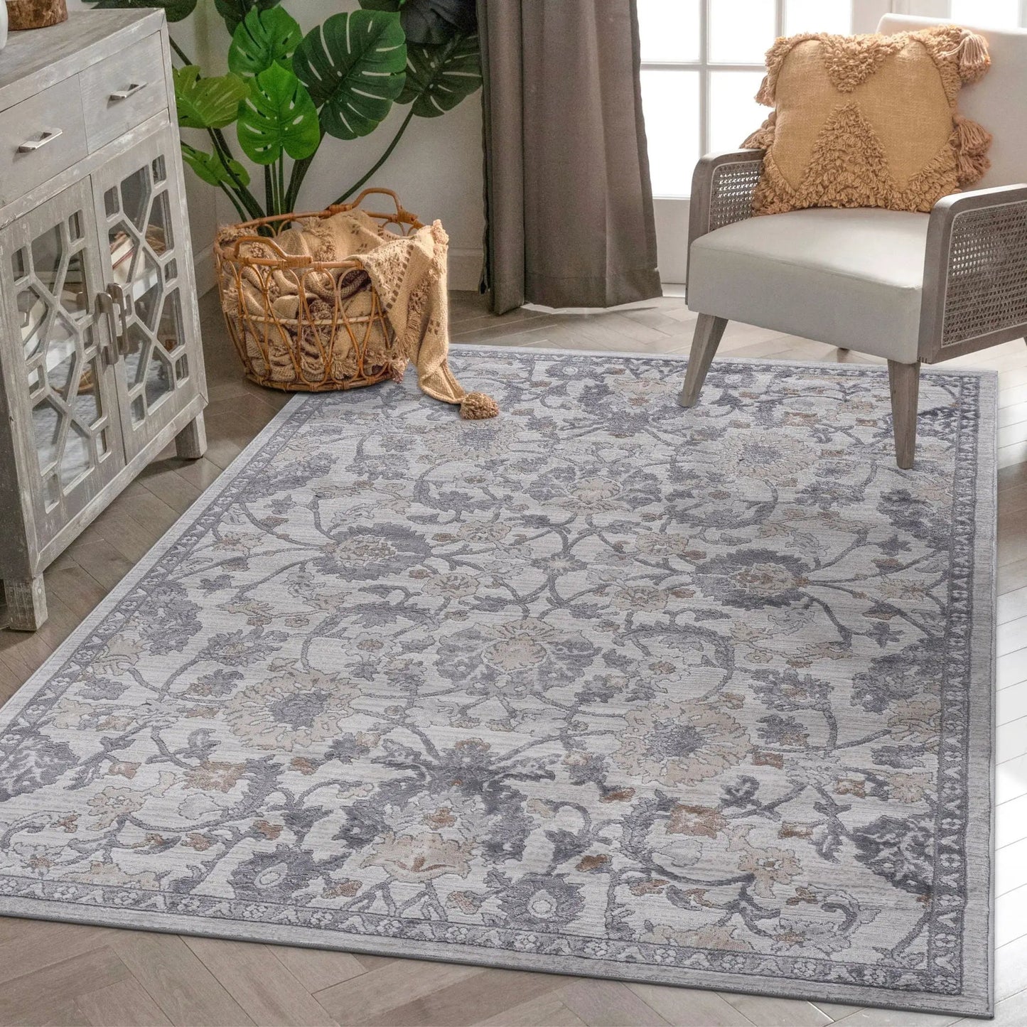 Marfi Trendy Oriental Area Rug by Unique Piece Furniture in blue-gray ivory floral motif on Tampa Home & Garden Store
