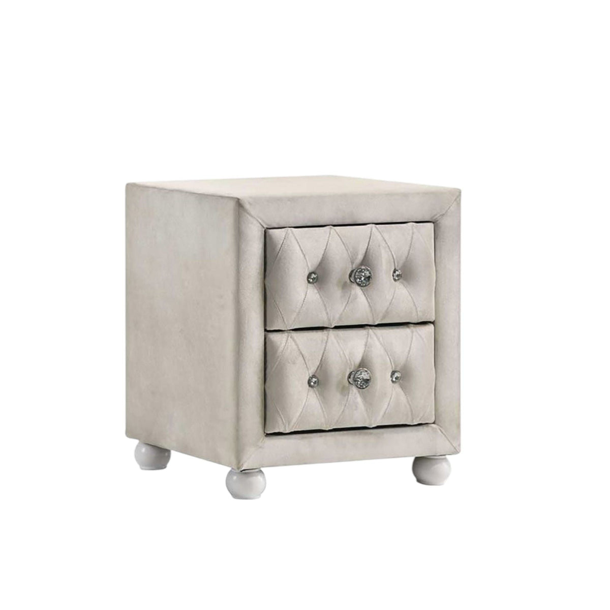 Reggie beige tufted nightstand with crystal knobs, 2 drawers, upholstered fabric, ball feet on Tampa Home & Garden Store