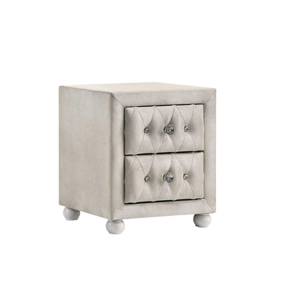 Reggie beige tufted nightstand with crystal knobs, 2 drawers, upholstered fabric, ball feet on Tampa Home & Garden Store