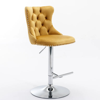 Swivel bar stool mustard velvet upholstery with tufted back, nailhead trim, chrome pedestal base on Tampa Home & Garden Store
