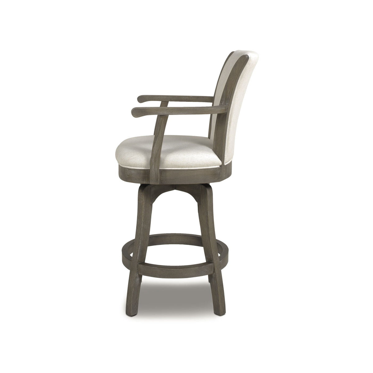 Swivel counter height bar stool with high back and beige upholstered seat, graywashed hardwood on Tampa Home & Garden Store