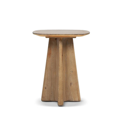 End table antique brown rectangular top with sculptural wooden pedestal base on Tampa Home & Garden Store
