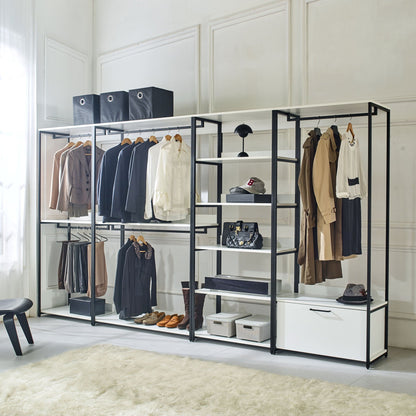 White walk-in closet with adjustable shelves and powder-coated metal frame, triple wardrobe on Tampa Home & Garden Store
