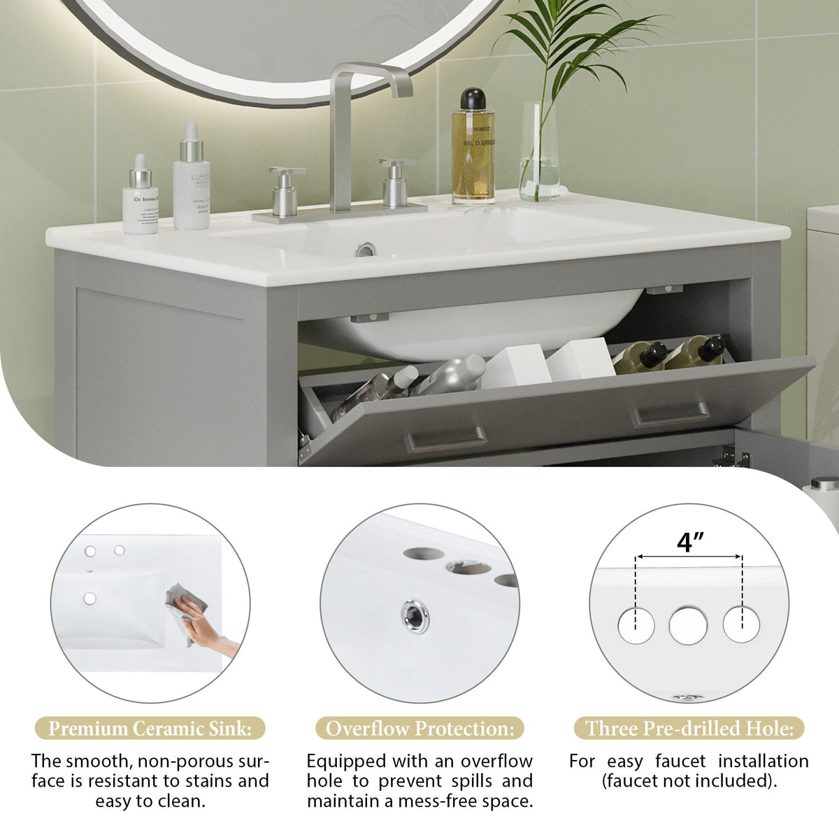 Modern bathroom vanity with ceramic sink, grey cabinet by HouseOfZazla on Tampa Home & Garden Store