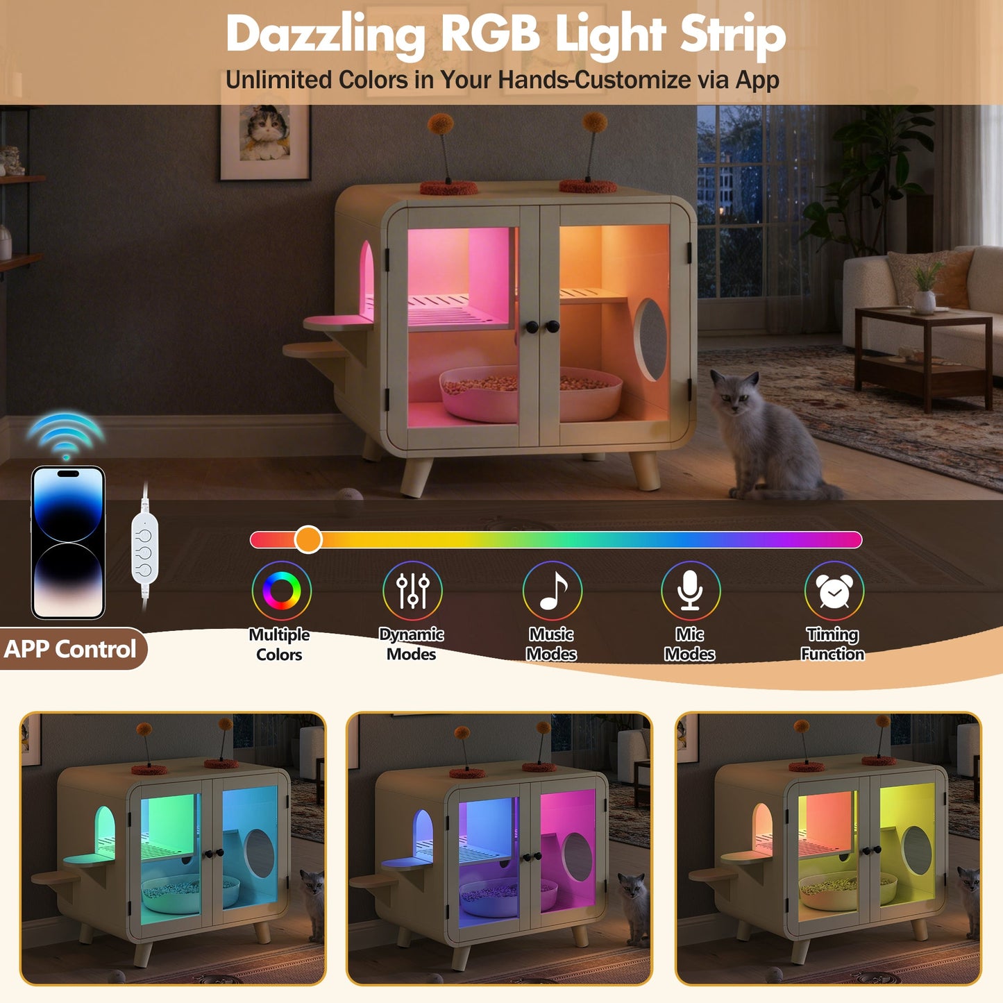Cat hidden litter box enclosure with RGB LED light and glass doors HouseOfZazla on Tampa Home & Garden Store