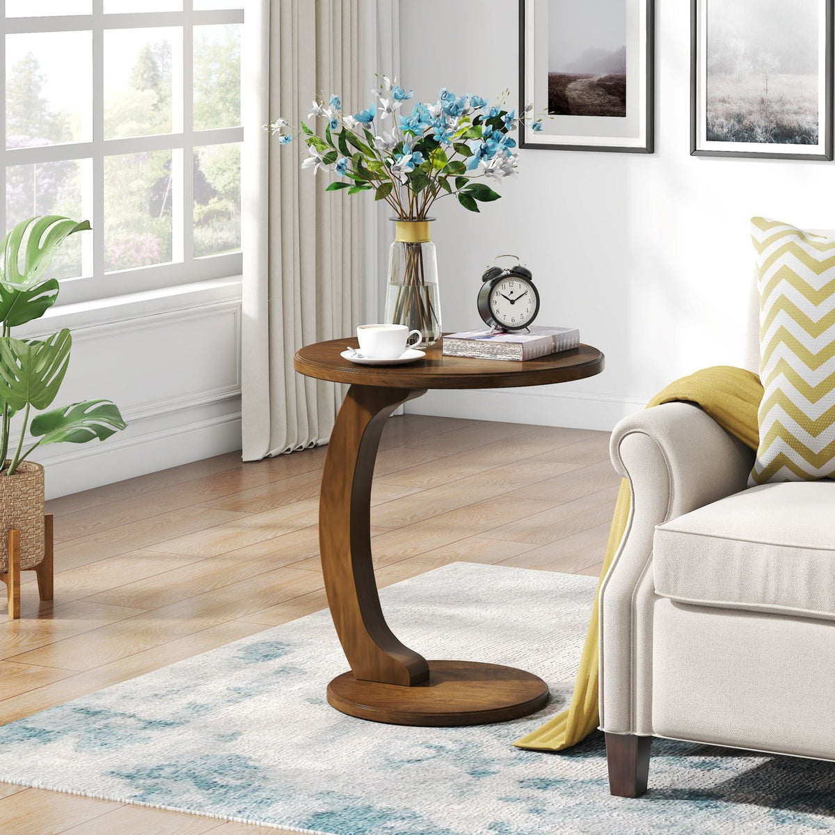 C-Shaped round end table brown wood with curved base HouseOfZazla chair side table on Tampa Home & Garden Store