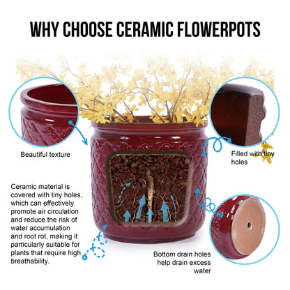 Bean Paste Red Ceramic Flowerpot Set with Diamond Pattern, 3-piece by HouseOfZazla on Tampa Home & Garden Store