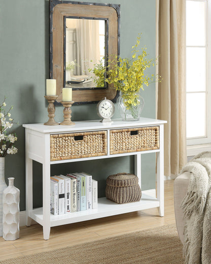 Flavius Console Table by HouseOfZazla, white finish with two woven storage baskets; rustic wood-framed mirror above on Tampa Home & Garden Store