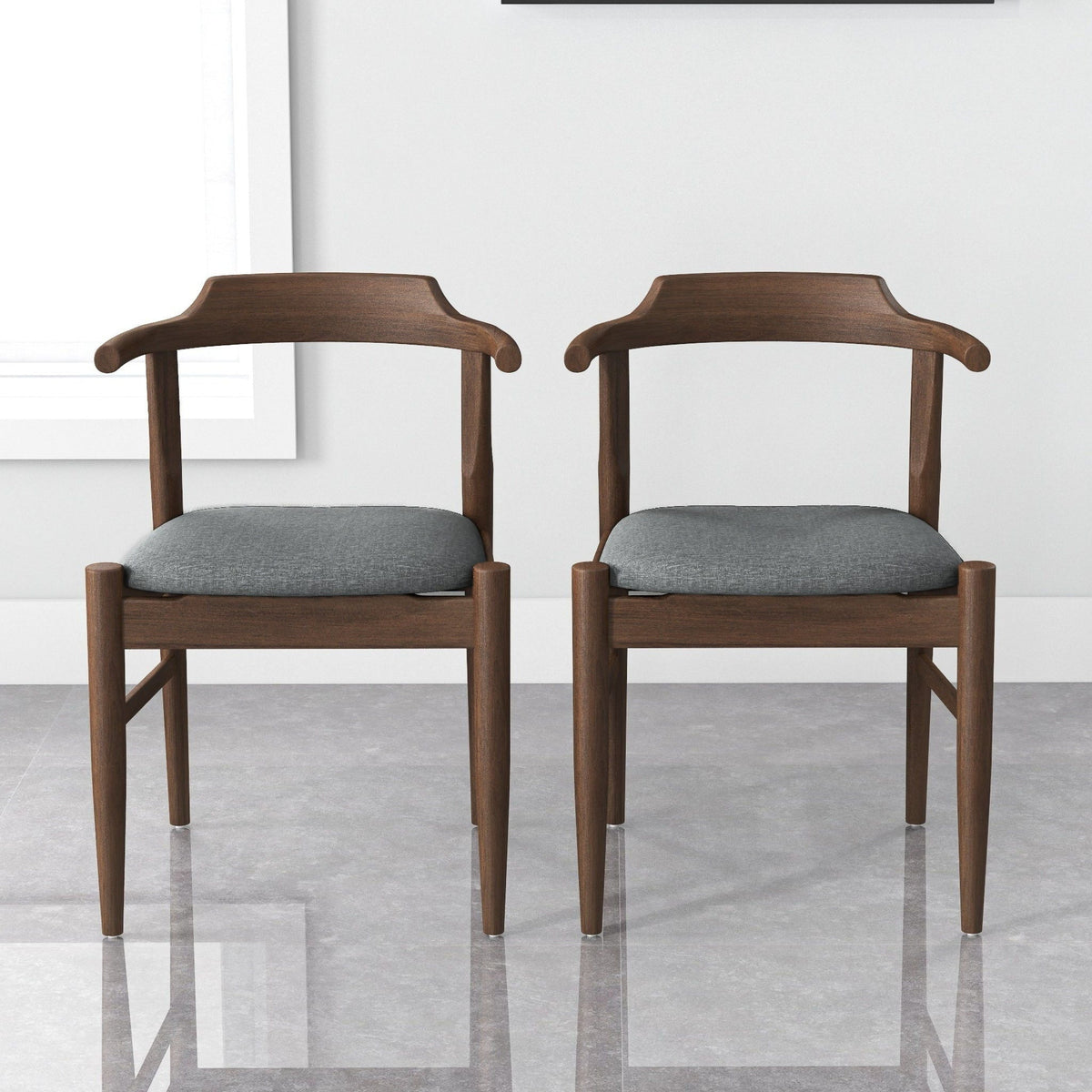Mid-Century modern dining chair set of 2 with solid wood frame and gray upholstered seats on Tampa Home & Garden Store