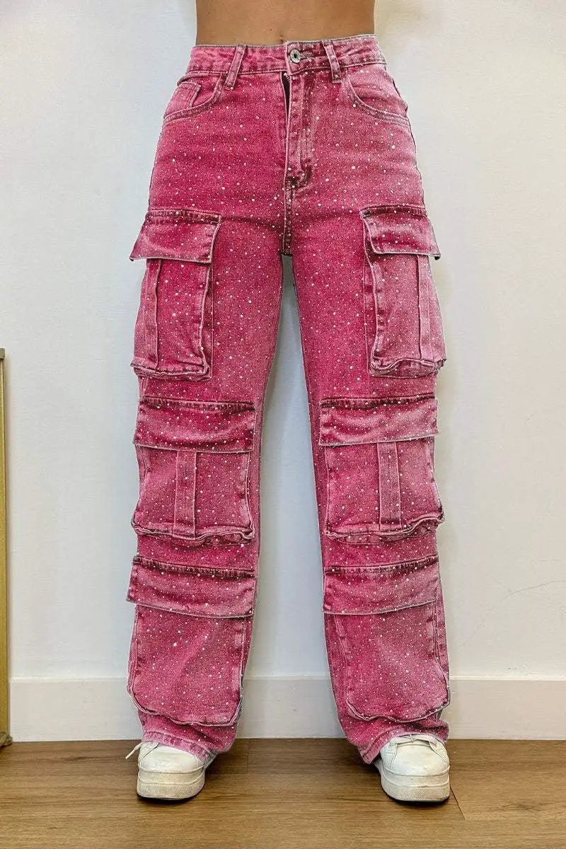 Women's pink cargo jeans with multiple pockets and white speckle print on Tampa Home & Garden Store