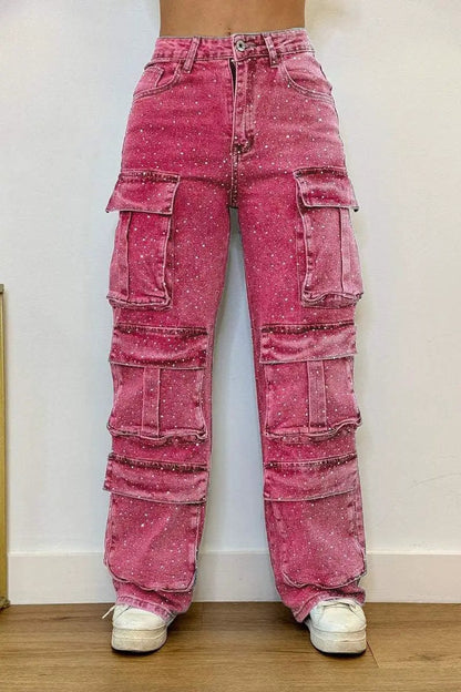 Women's pink cargo jeans with multiple pockets and white speckle print on Tampa Home & Garden Store