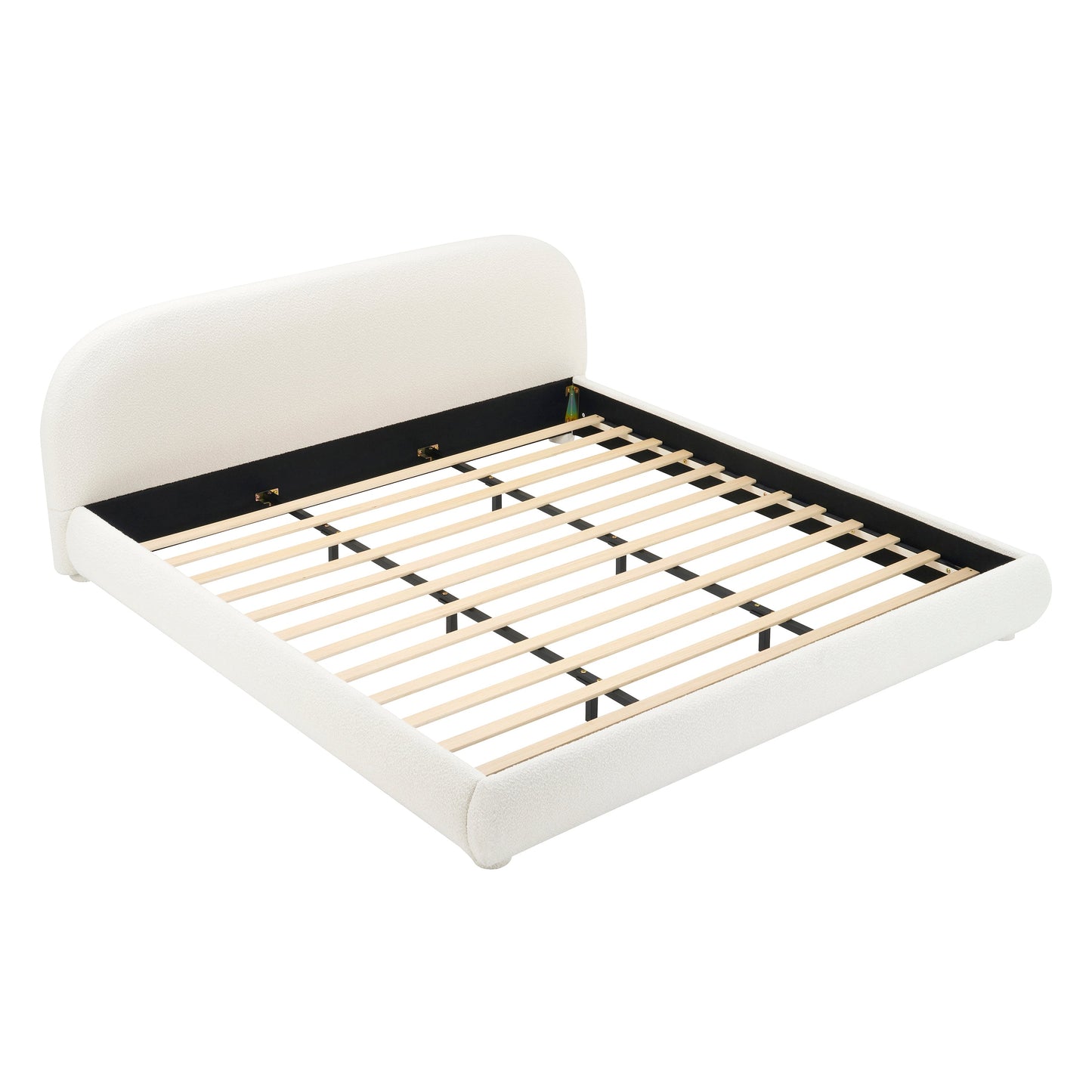 Cream fabric upholstered king bed frame with padded headboard and black side rails, wooden slats on Tampa Home & Garden Store
