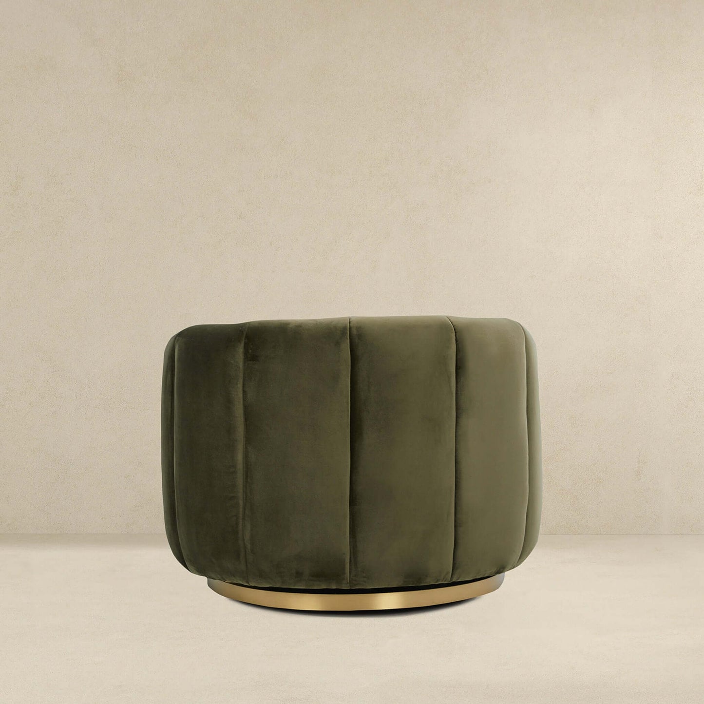 Cosey green velvet swivel chair bottom half with dark green upholstery and gold pedestal base on Tampa Home & Garden Store