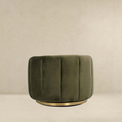 Cosey green velvet swivel chair bottom half with dark green upholstery and gold pedestal base on Tampa Home & Garden Store