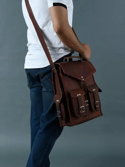Prehistoric Convertible Backpack Messenger Bag brown leather with front pockets and buckles on Tampa Home & Garden Store