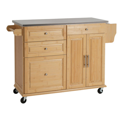 Bamboo Rolling Kitchen Island with Steel Top