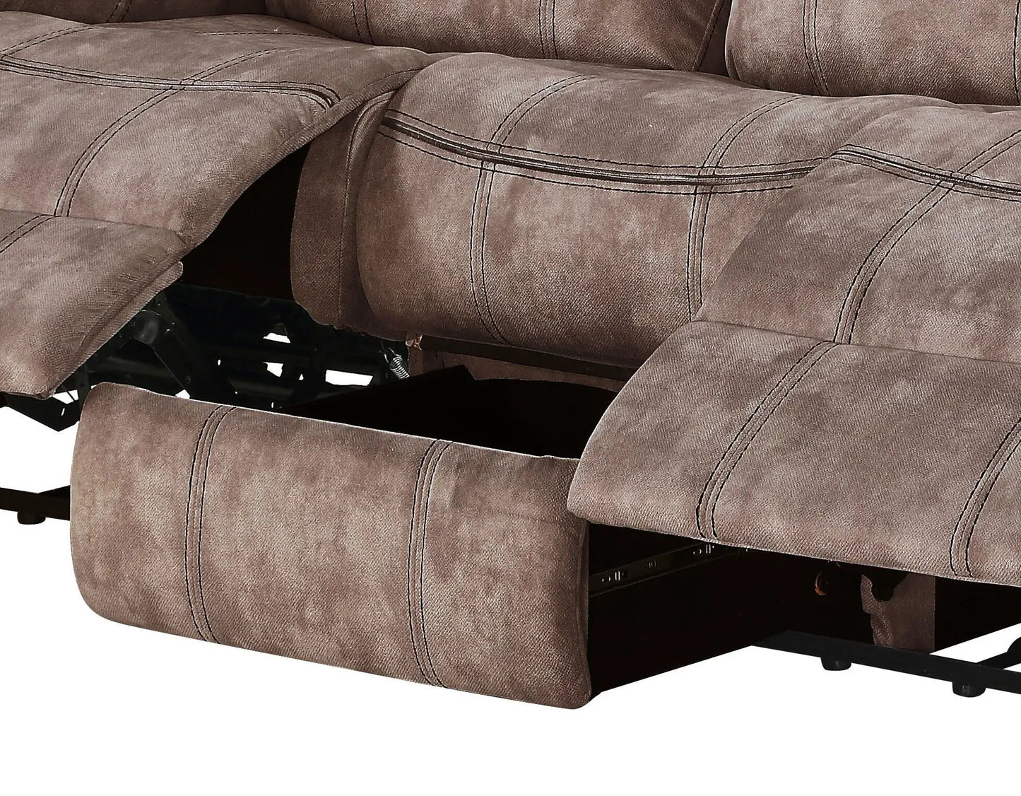 Zubaida two-tone reclining sofa with USB port drop-down table in brown fabric on Tampa Home & Garden Store