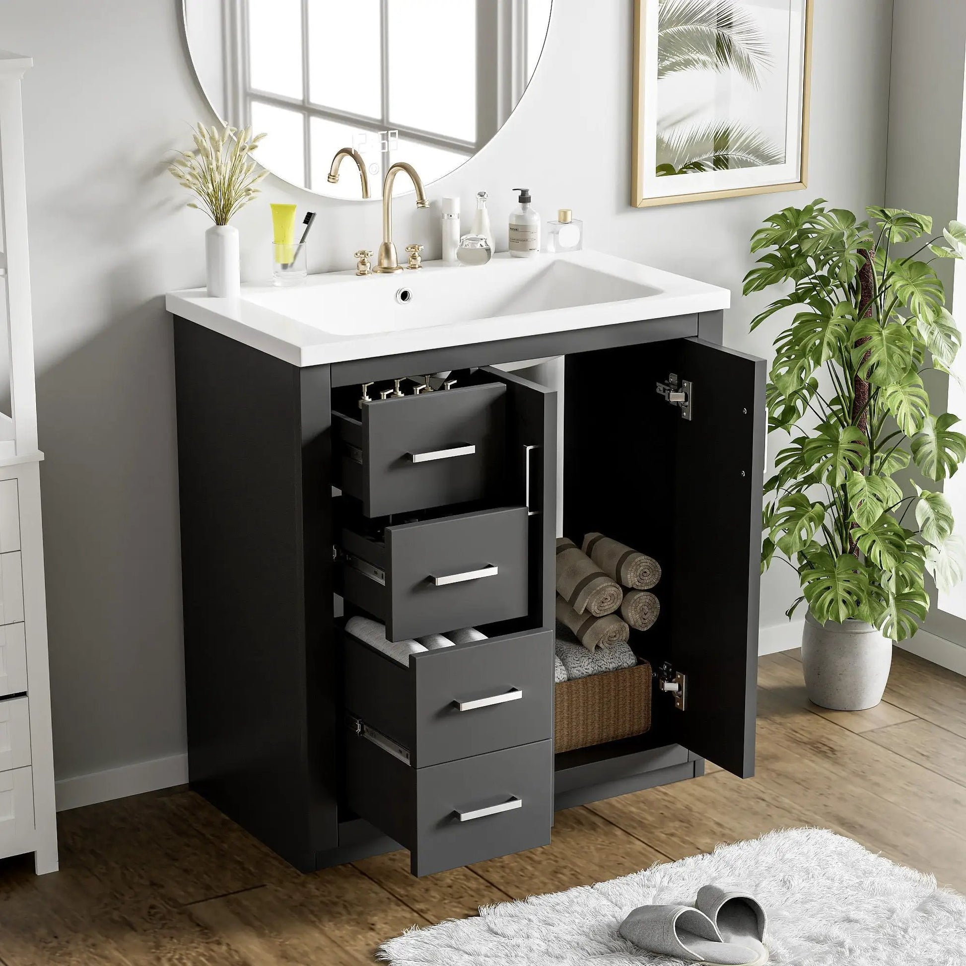 Ceramic sink vanity set with 3 drawers, black cabinet, white countertop, brass faucets on Tampa Home & Garden Store