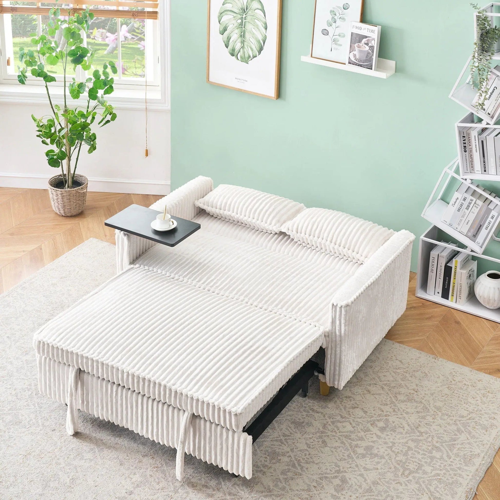 Two-piece pull-out sleeper sofa in white corded fabric with movable tabletop and USB ports on Tampa Home & Garden Store