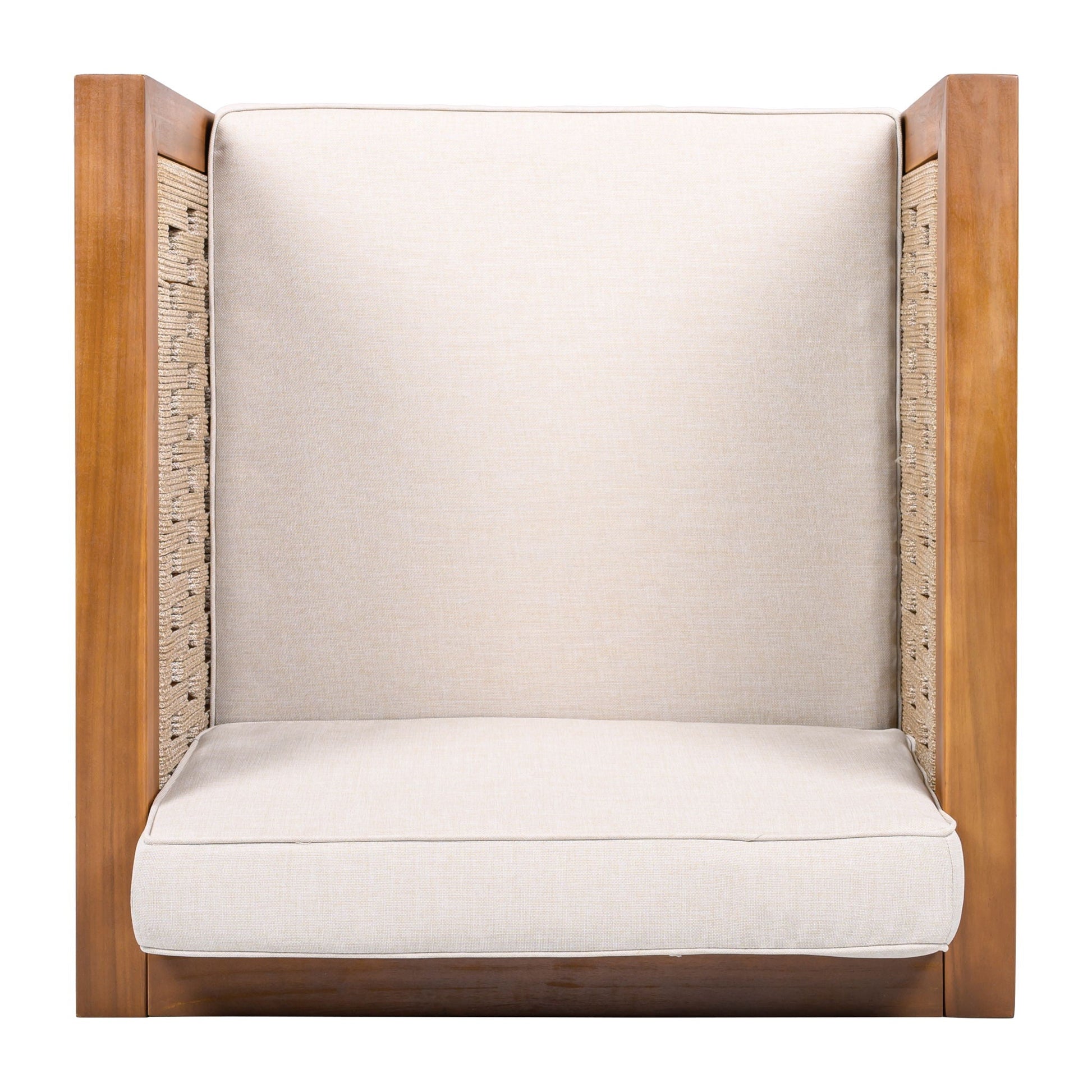 Outdoor Club Chair by HouseOfZazla with rope-arm detailing and beige cushions on Tampa Home & Garden Store