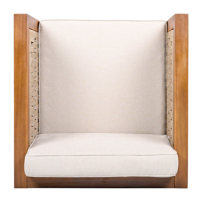 Outdoor Club Chair by HouseOfZazla with rope-arm detailing and beige cushions on Tampa Home & Garden Store