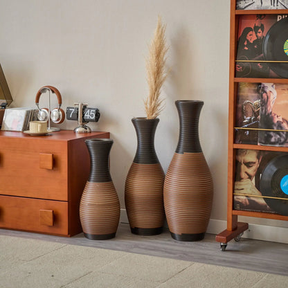 Designer floor vases set of 3 in dark-to-light brown ribbed ceramic with pampas grass on Tampa Home & Garden Store