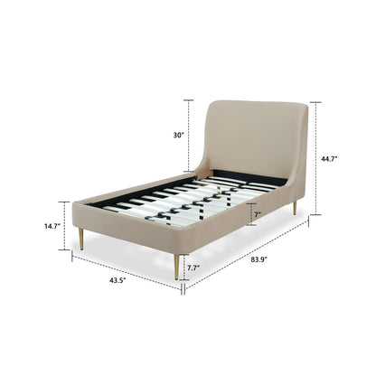 Heather Upholstered Bed with Curved Headboard in beige fabric and gold-tipped legs on Tampa Home & Garden Store