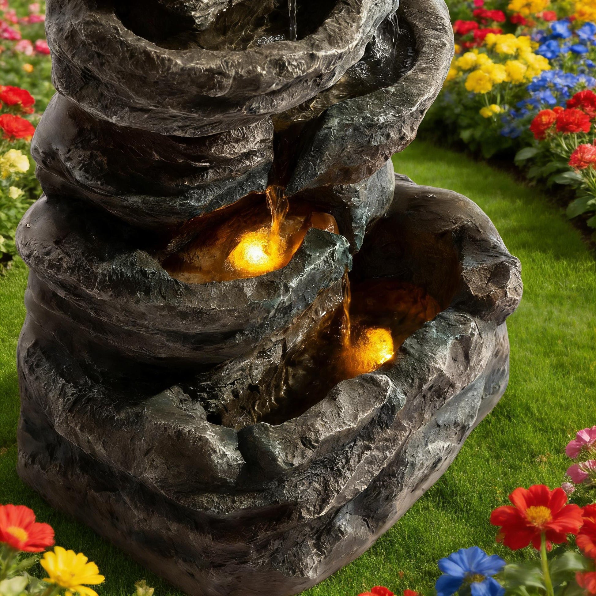 6-Tier Outdoor Cascading Stone Water Fountain with 3 LED Lights, stone texture from HouseOfZazla on Tampa Home & Garden Store