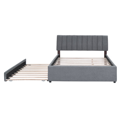 Upholstered platform bed with trundle in gray fabric, tufted headboard, slatted base HouseOfZazla on Tampa Home & Garden Store