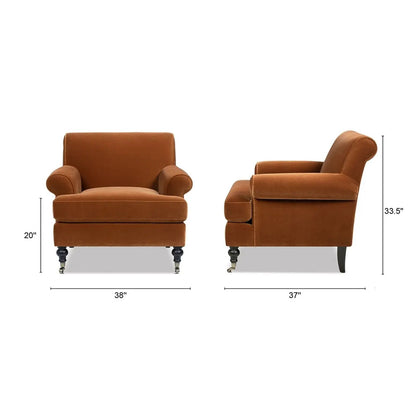 Alana Lawson accent arm chair with caster feet in warm burnt-orange upholstery on Tampa Home & Garden Store