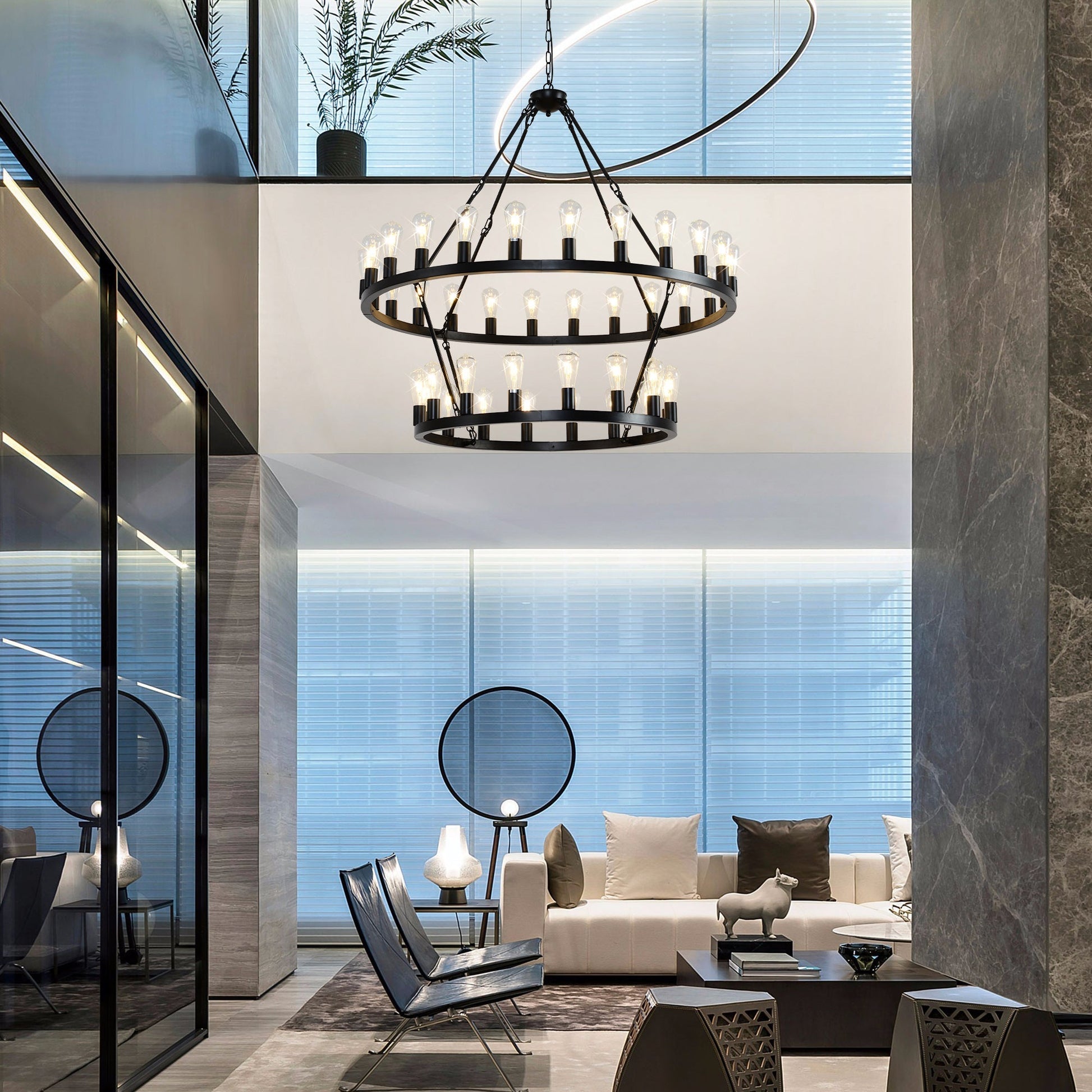 47.24 Inch Matte Black Wagon Wheel Chandelier with 36 Lights by HouseOfZazla on Tampa Home & Garden Store
