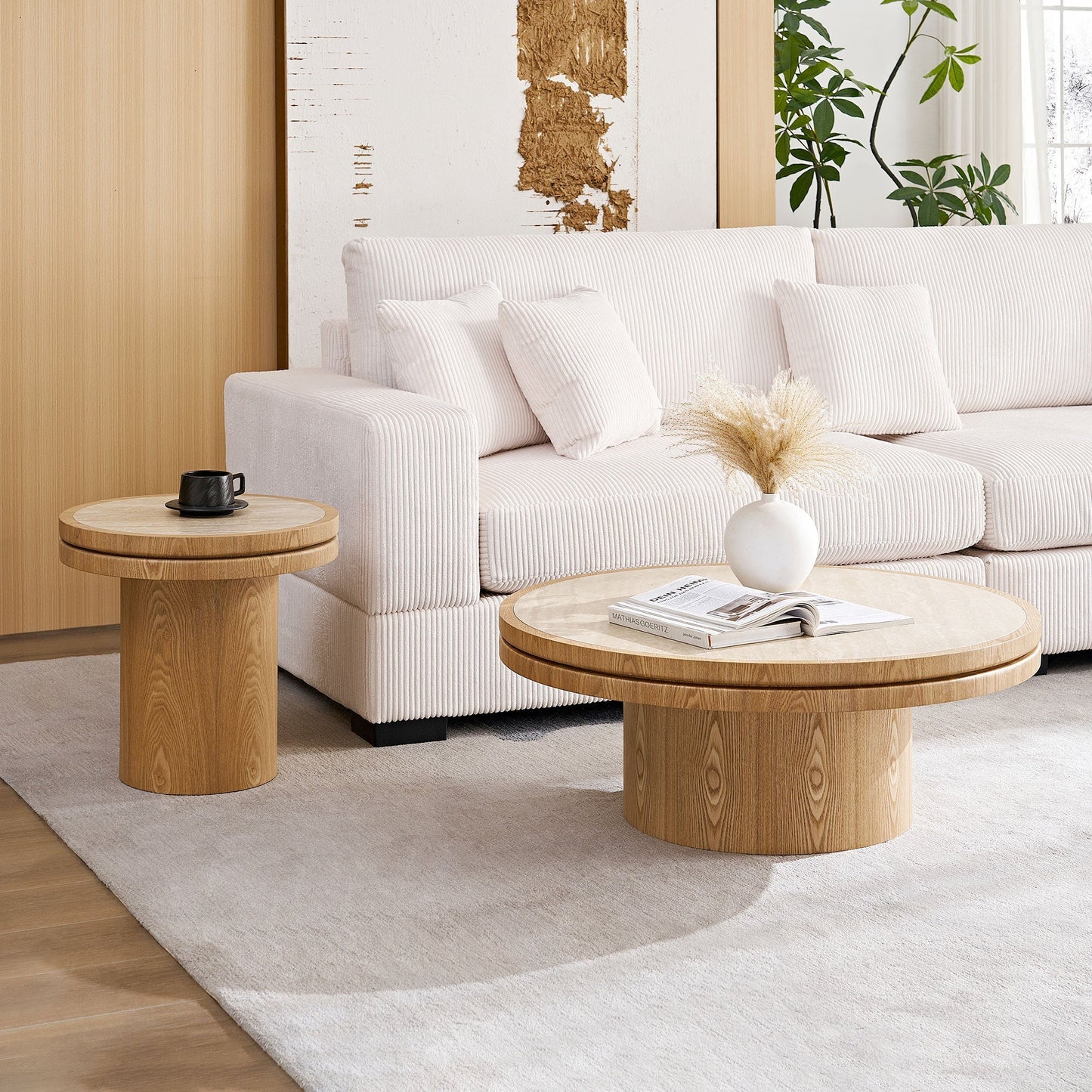 Round coffee table with sintered stone top in beige and natural wood base for a living room on Tampa Home & Garden Store
