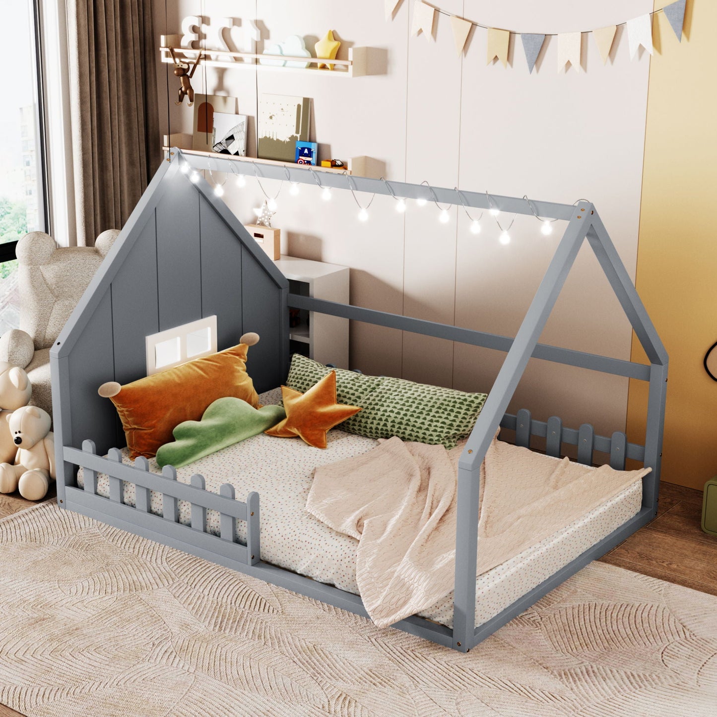 House Bed With Window And Fence blue gray finish with string lights by HouseOfZazla on Tampa Home & Garden Store