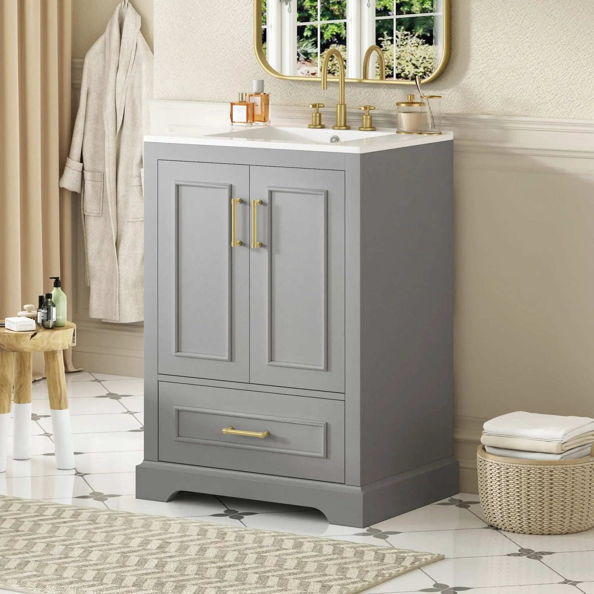 Bathroom vanity with sink in gray, 1 divided drawer, 2 soft-close doors with double shelf on Tampa Home & Garden Store