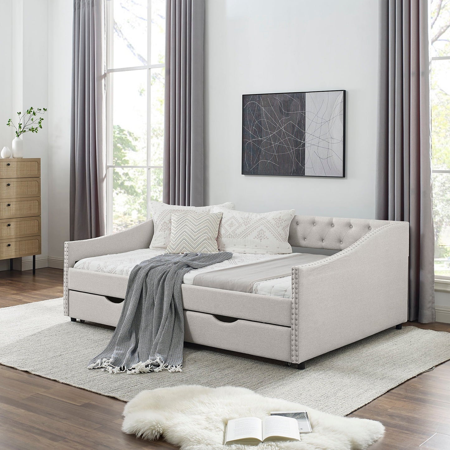 Upholstered Tufted Daybed and Storage Drawers