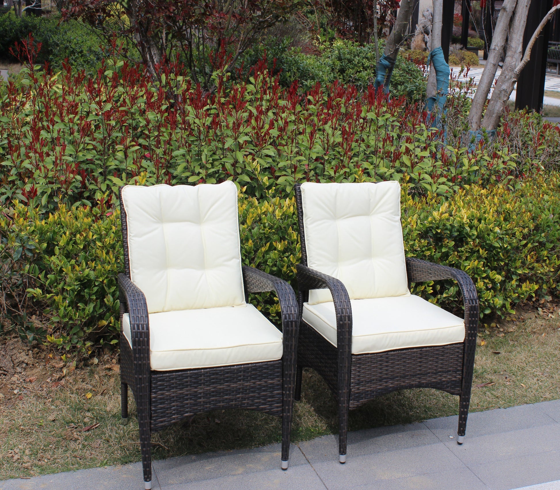 2-Piece Liberatore Dining Chairs with beige cushions in wicker outdoor set by HouseOfZazla on Tampa Home & Garden Store