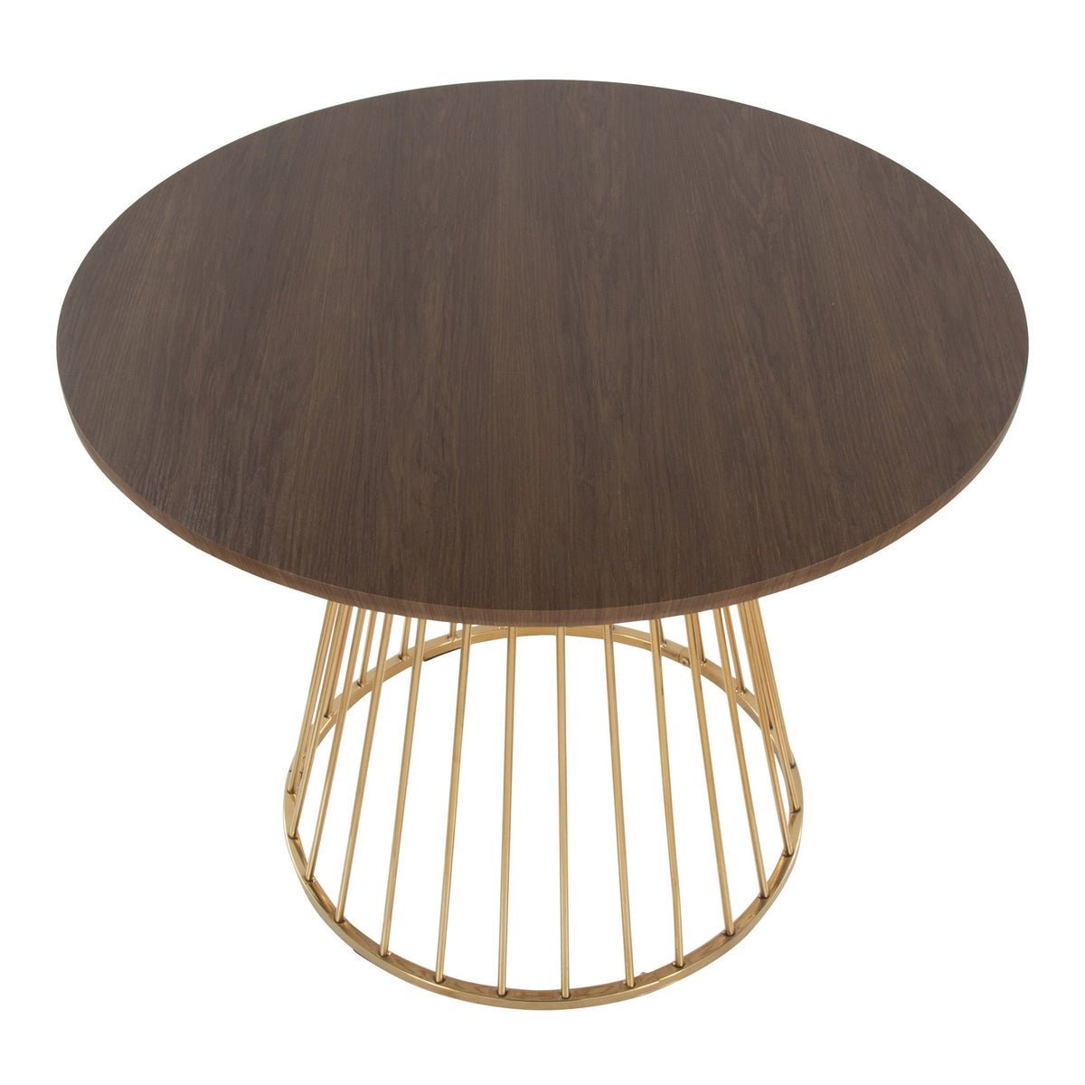 Canary Cosmo Contemporary Dining Table round dark walnut top with gold metal base on Tampa Home & Garden Store