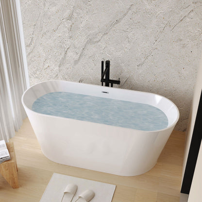 Glossy freestanding bathtub with toe-tap drain and black floor faucet, white acrylic on Tampa Home & Garden Store