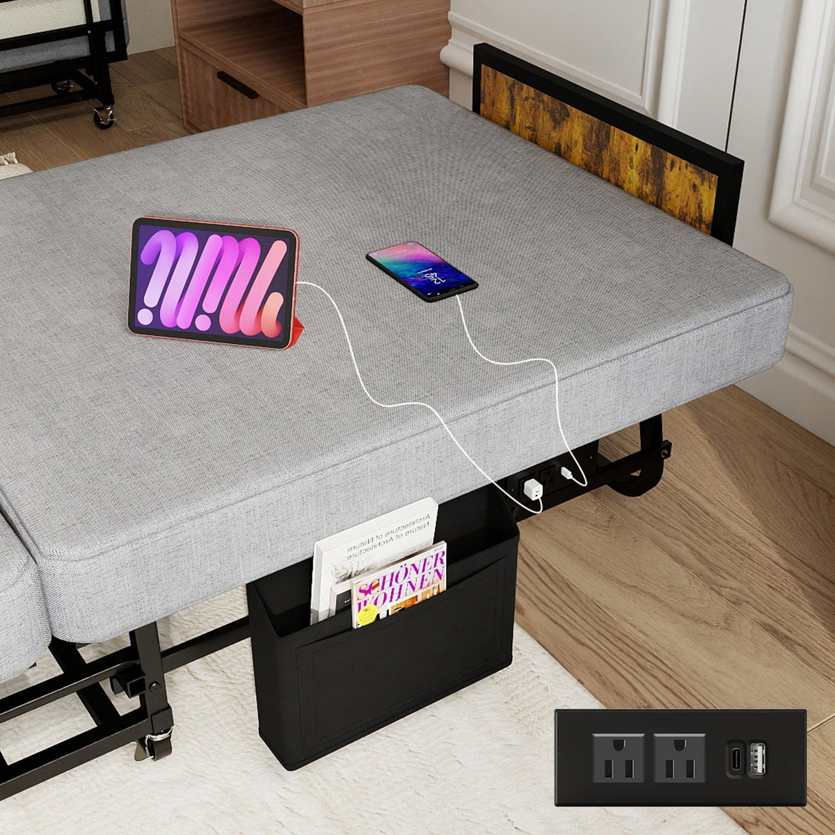 78x31 Folding Bed with Headboard & USB Charging Station, upholstered bed frame HouseOfZazla on Tampa Home & Garden Store
