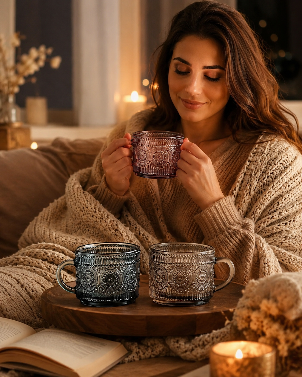 Hobnail Glass Mug Set with Lids and Gold Spoons