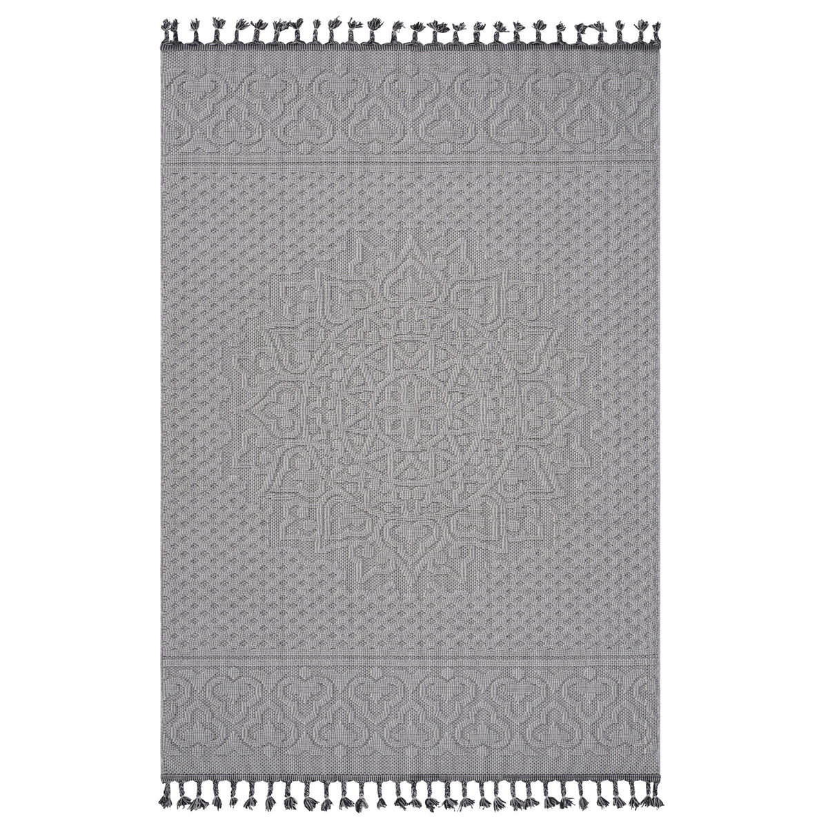 Guros Area Rug by HouseOfZazla, gray stain-resistant woven rug with fringe tassels on both ends on Tampa Home & Garden Store