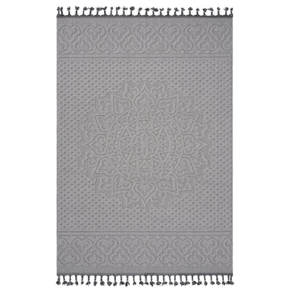 Guros Area Rug by HouseOfZazla, gray stain-resistant woven rug with fringe tassels on both ends on Tampa Home & Garden Store