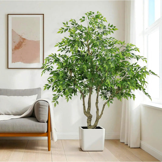 Artificial Banyan Tree with trunk and green leaves in white planter Unique Piece Furniture on Tampa Home & Garden Store