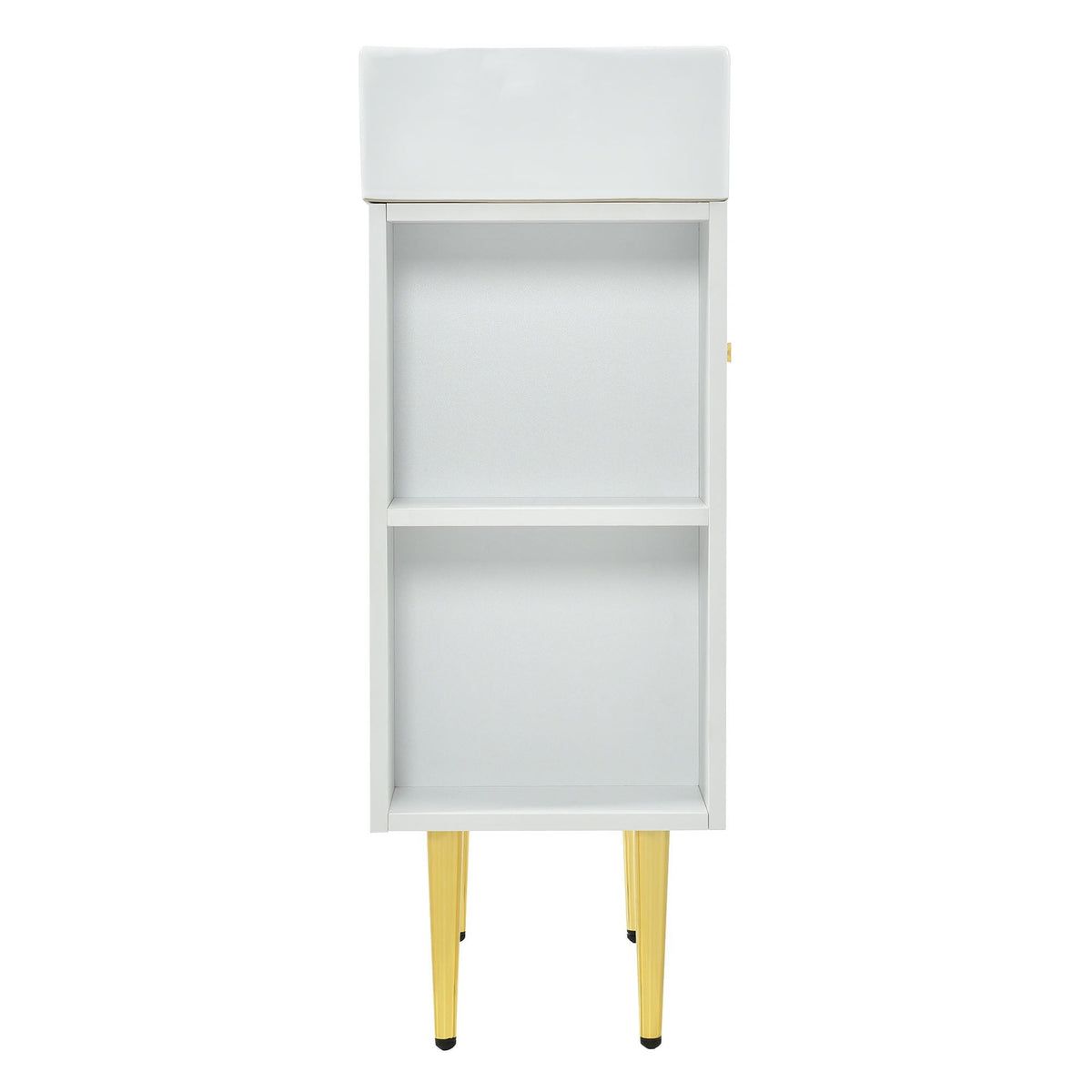 Bathroom vanity with single ceramic sink on a light gray cabinet with side storage on Tampa Home & Garden Store