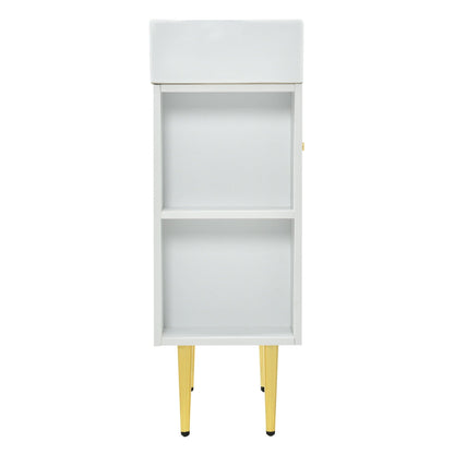 Bathroom vanity with single ceramic sink on a light gray cabinet with side storage on Tampa Home & Garden Store